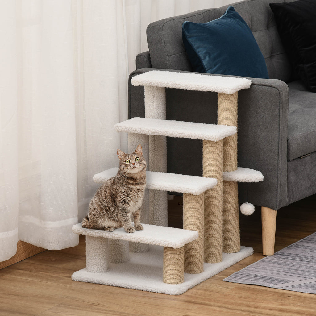 4-Step Cat Stairs with Sisal Scratching Posts, White