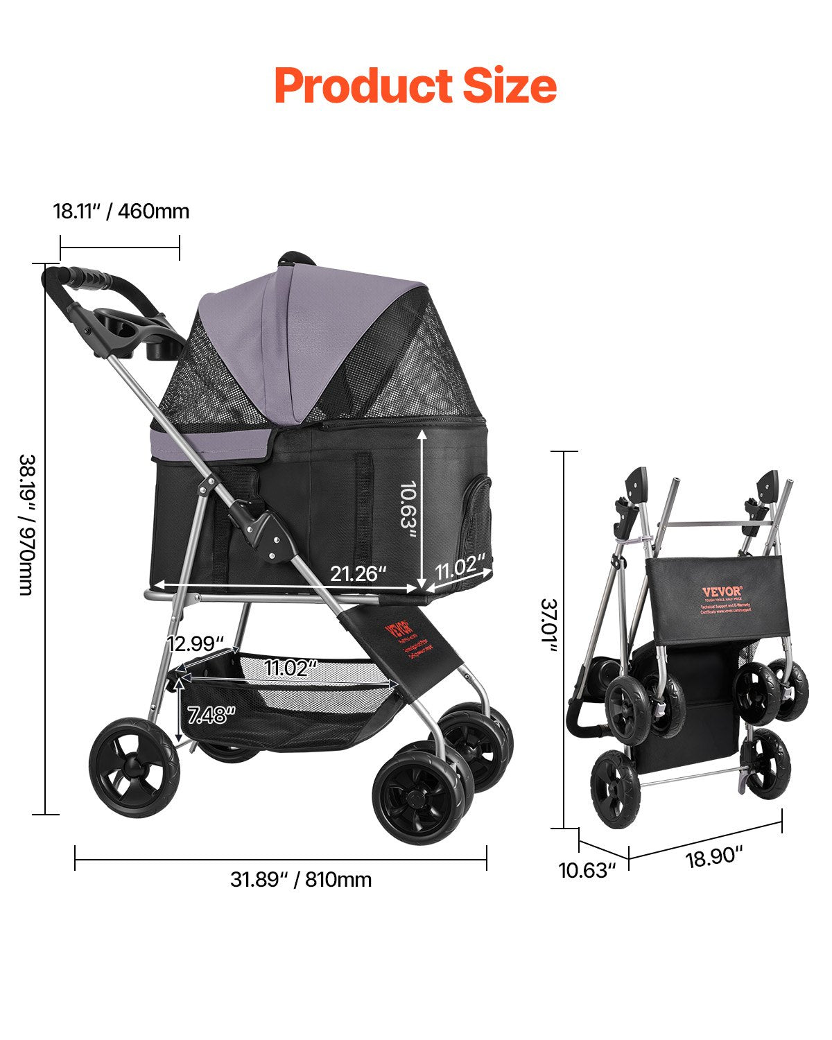 Foldable 4-Wheel Pet Stroller with Detachable Carrier - view 5