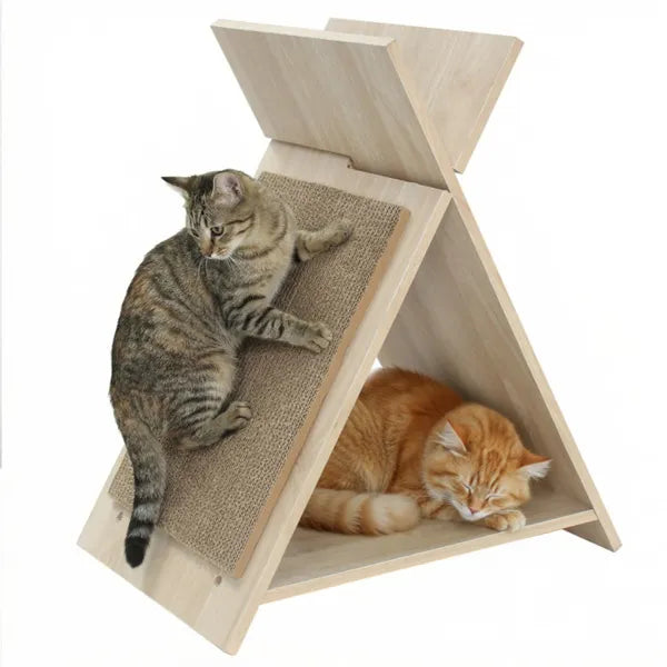A-Frame Cat Scratcher Lounge with Wooden Hideaway