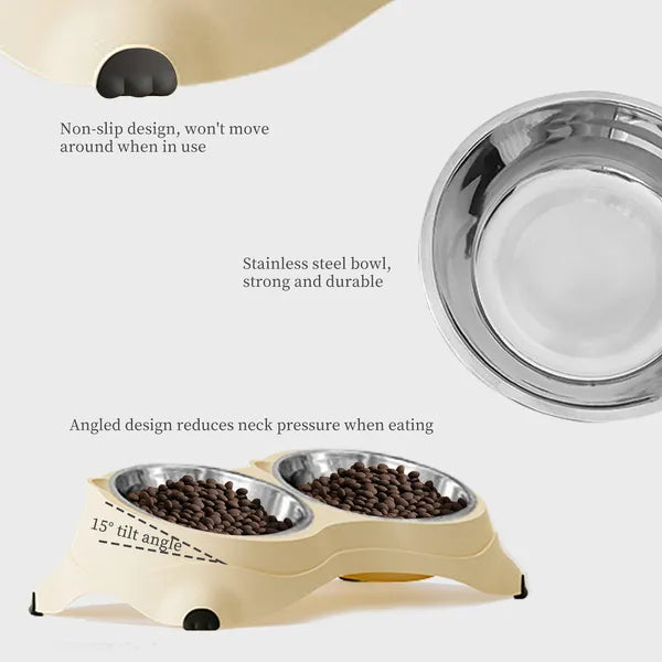 Tilted Double Cat Bowl with Stainless Steel Bowls - view 2