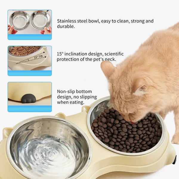 Tilted Double Cat Bowl with Stainless Steel Bowls - view 5