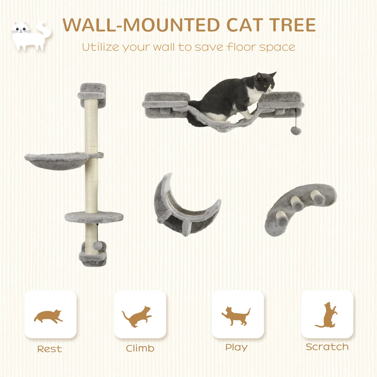 Wall-Mounted Cat Shelf Set, 4 Pieces (Hammock, Bridge & Scratching Post) - view 3