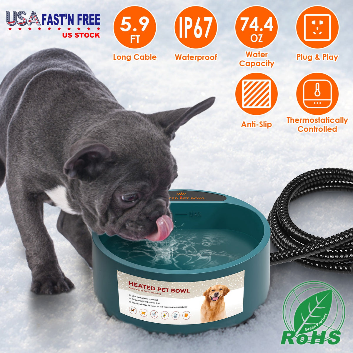 Heated Pet Water Bowl, 74 oz (Anti-Freeze)