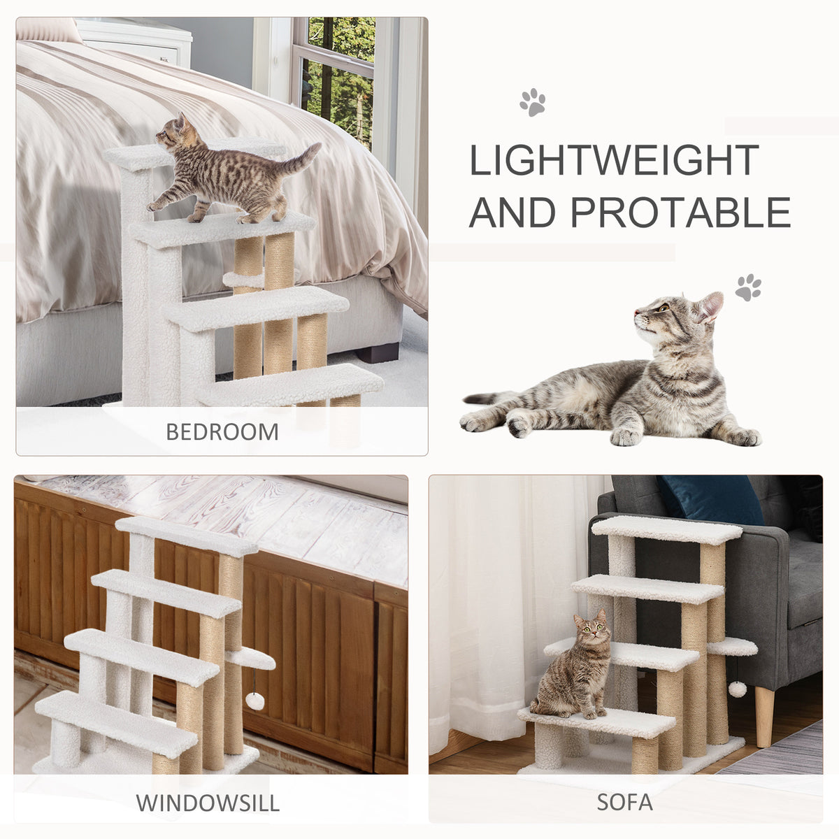 4-Step Cat Stairs with Sisal Scratching Posts, White - view 2