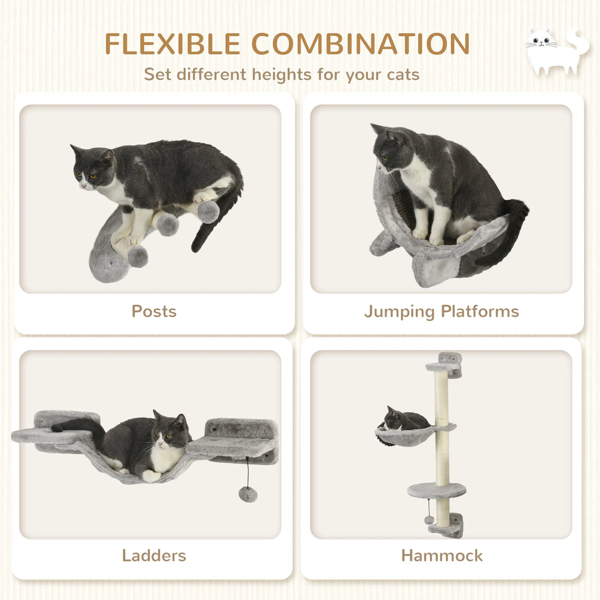 Wall-Mounted Cat Shelf Set, 4 Pieces (Hammock, Bridge & Scratching Post) - view 6