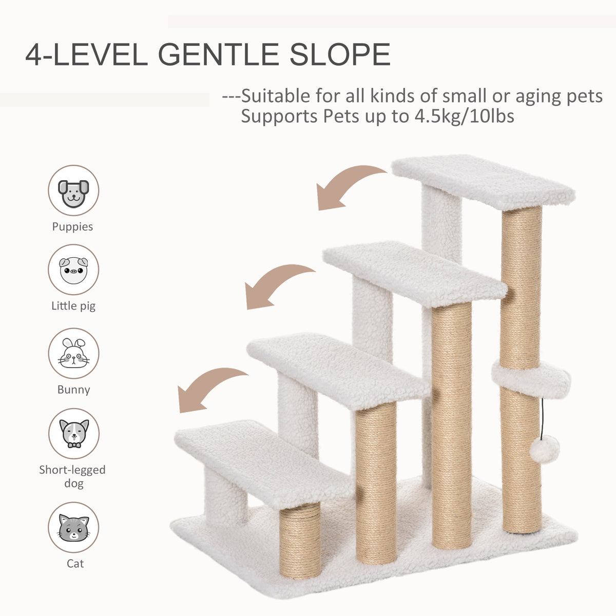 4-Step Cat Stairs with Sisal Scratching Posts, White - view 7